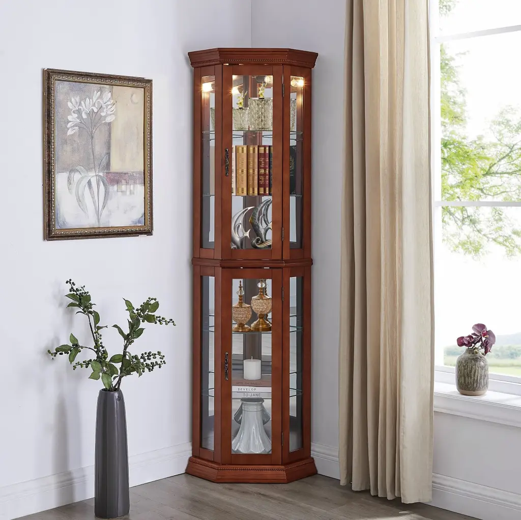 Corner Curio Cabinet Lights Adjustable Tempered Glass Shelves Display Case harmony