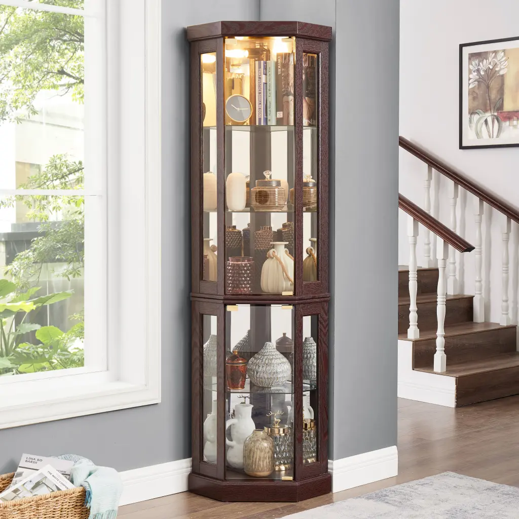 Corner Glass Cabinet Lighted Curio Cabinet Corner Display Case Living Room rnb