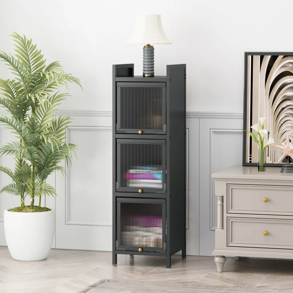 Modern Three Tier Glass Door Cabinet Featuring Four Tier Storage Living Room spribung