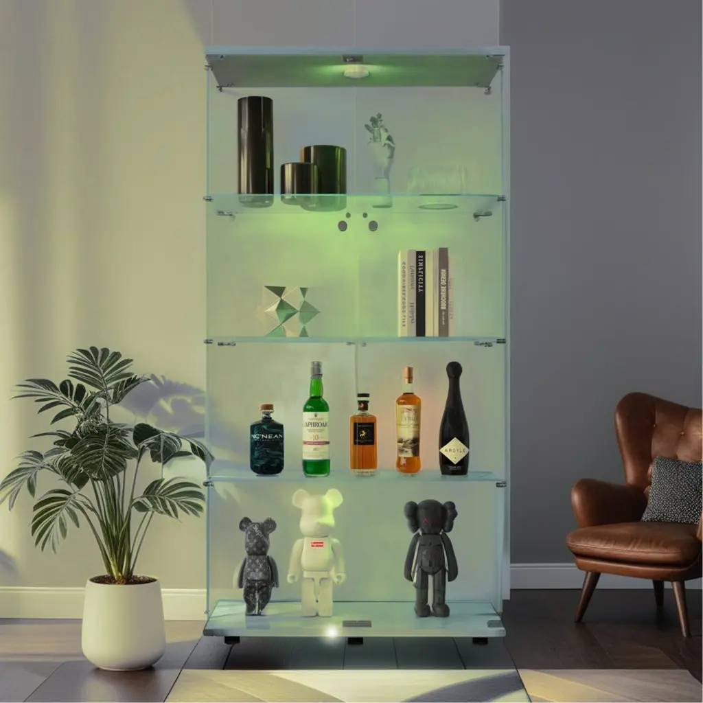 Lighted Two Door Glass Cabinet Glass Presentation Cabinet 4 Shelves Display Case uni-home