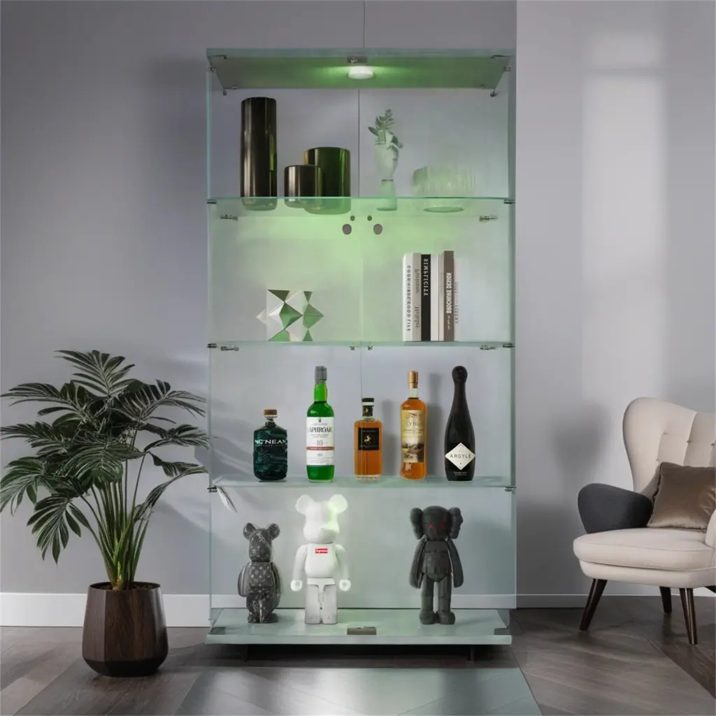 Lighted Two Door Glass Cabinet Glass Presentation Cabinet 4 Shelves Display Case uni-home