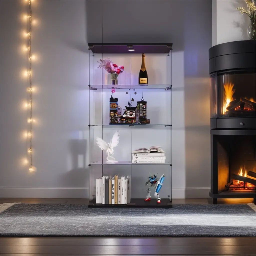 Lighted Two Door Glass Cabinet Presentation Cabinet 4 Shelves uni-home