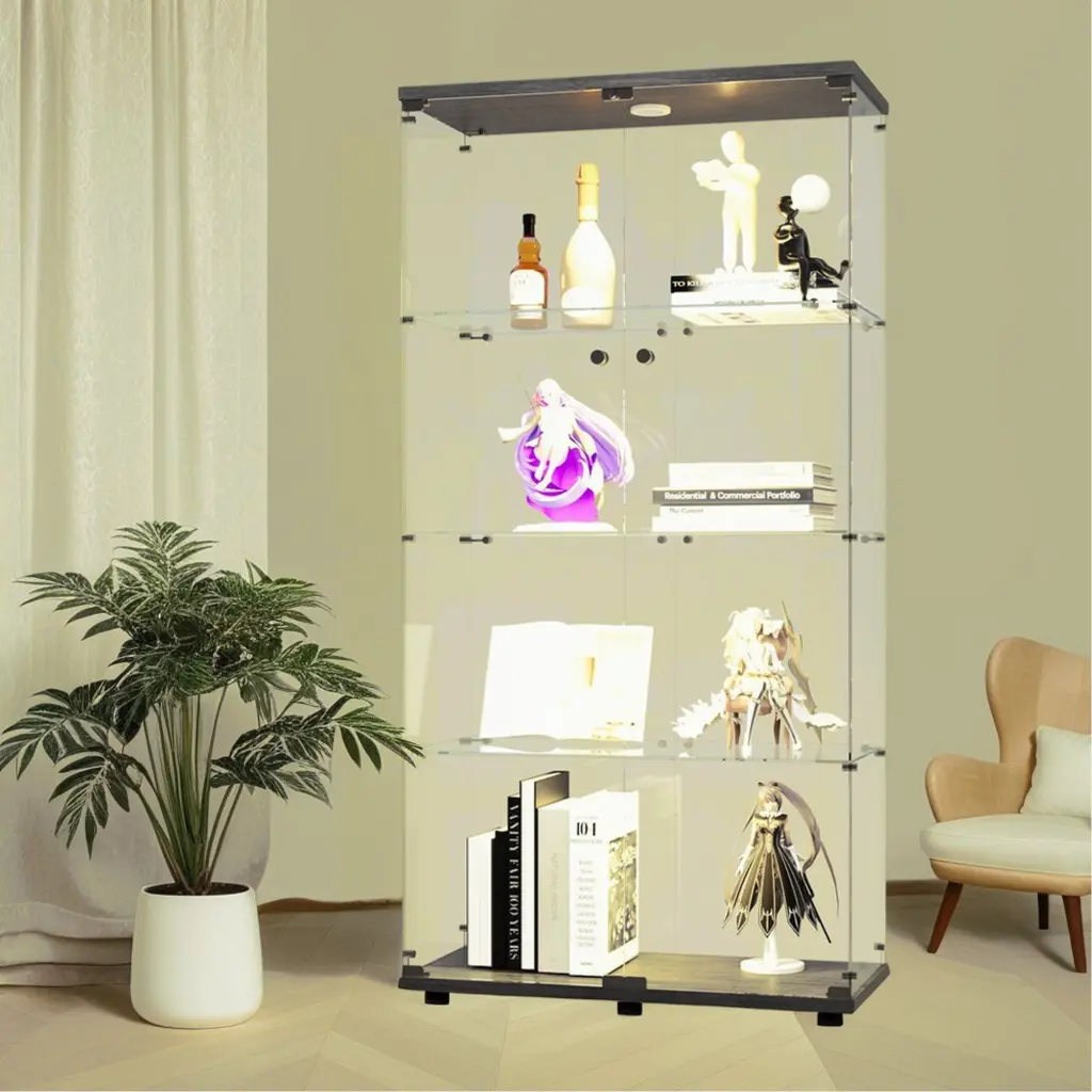 Lighted Two Door Glass Cabinet Presentation Display 4 Shelves uni-home