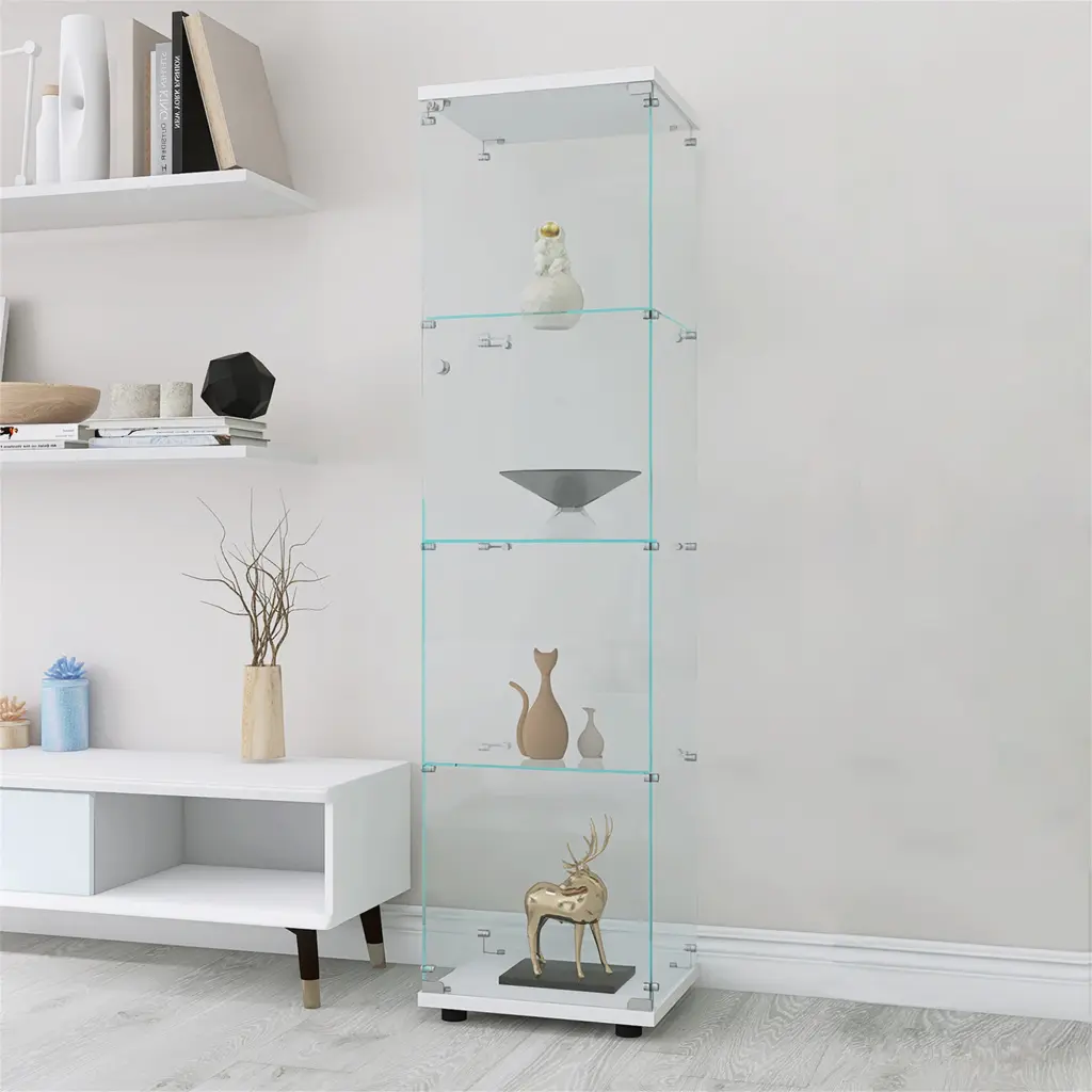 4 Shelves Glass Cabinet White Presentation Cabinet One Door Display Or Storage uni-home