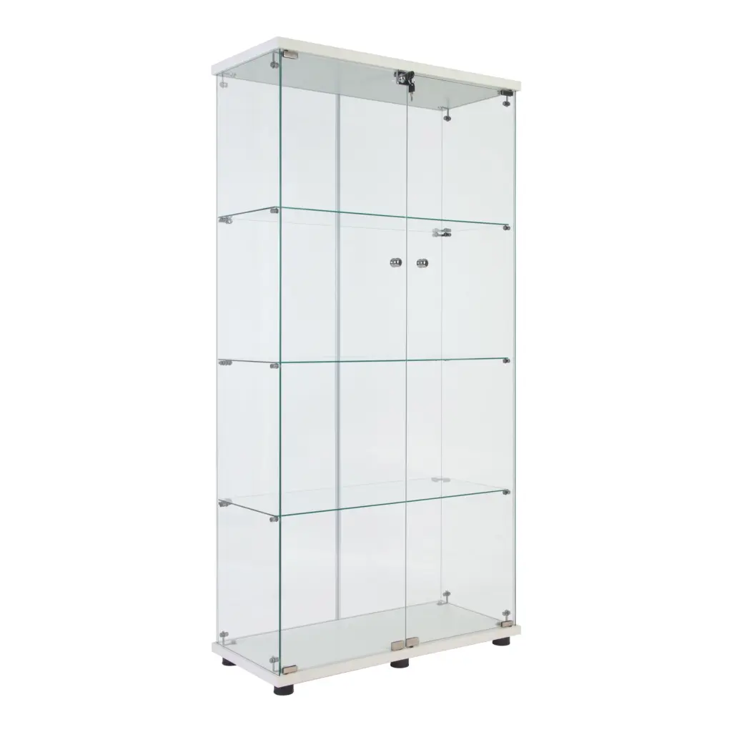 Two Door Glass Cabinet Glass Presentation Cabinet 4 Shelves White uni-home