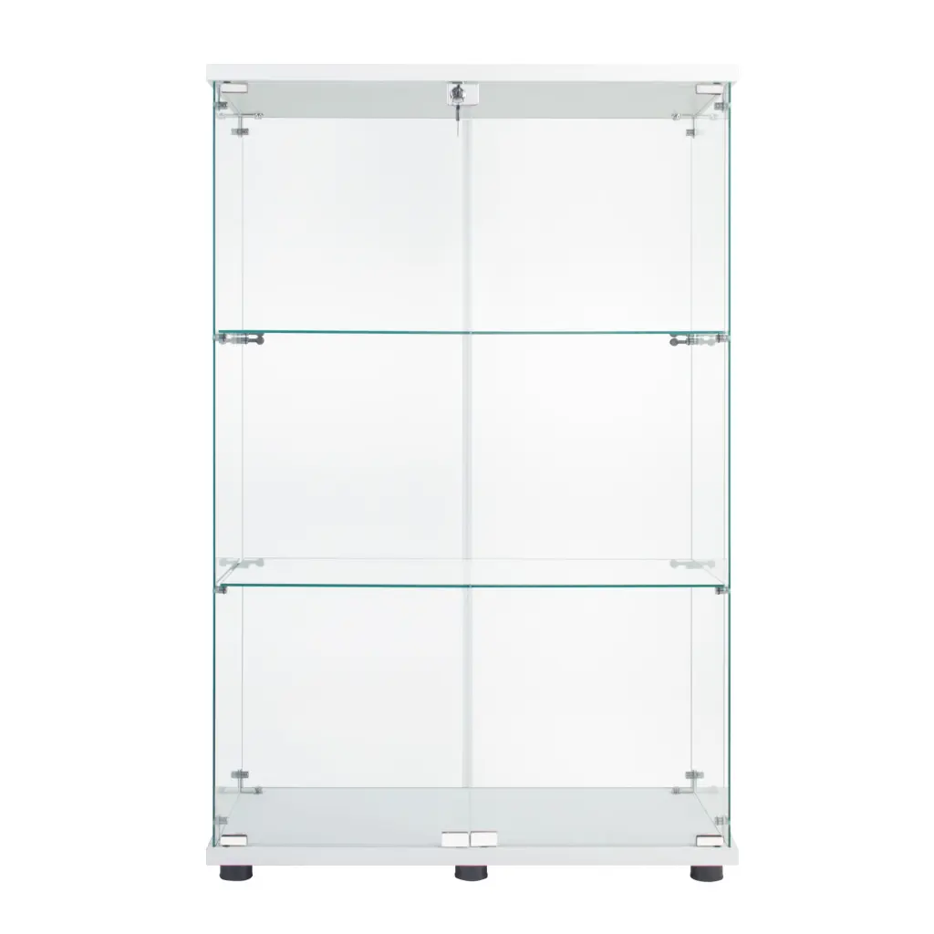 Two Door Glass Cabinet 3 Shelves - White Glass Presentation Cabinet Display uni-home