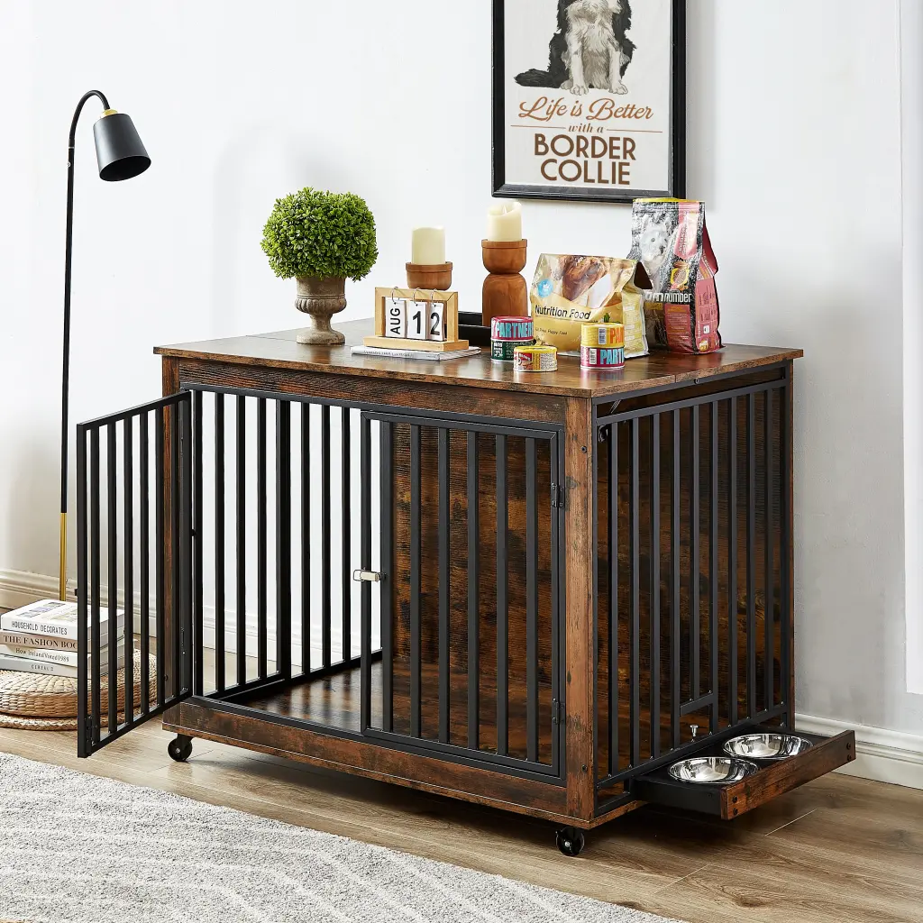 Furniture Style Dog Crate Side Table Feeding Bowl and Wheels e-tron