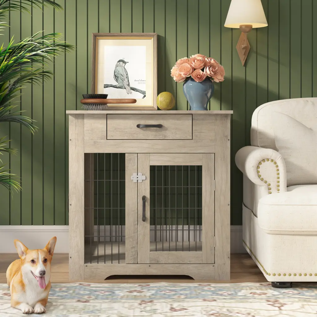 Furniture Style Dog Crate End Table Drawer, Double Door Pet Kennel rnb