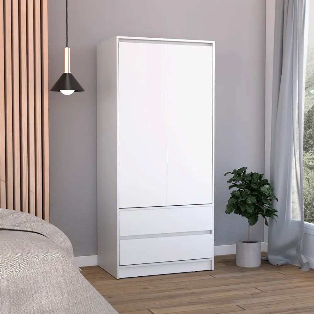 Austin 2 Drawer Armoire Double Door Hanging Rod White Bedroom Closet Storage Furniture rta mubles colombia