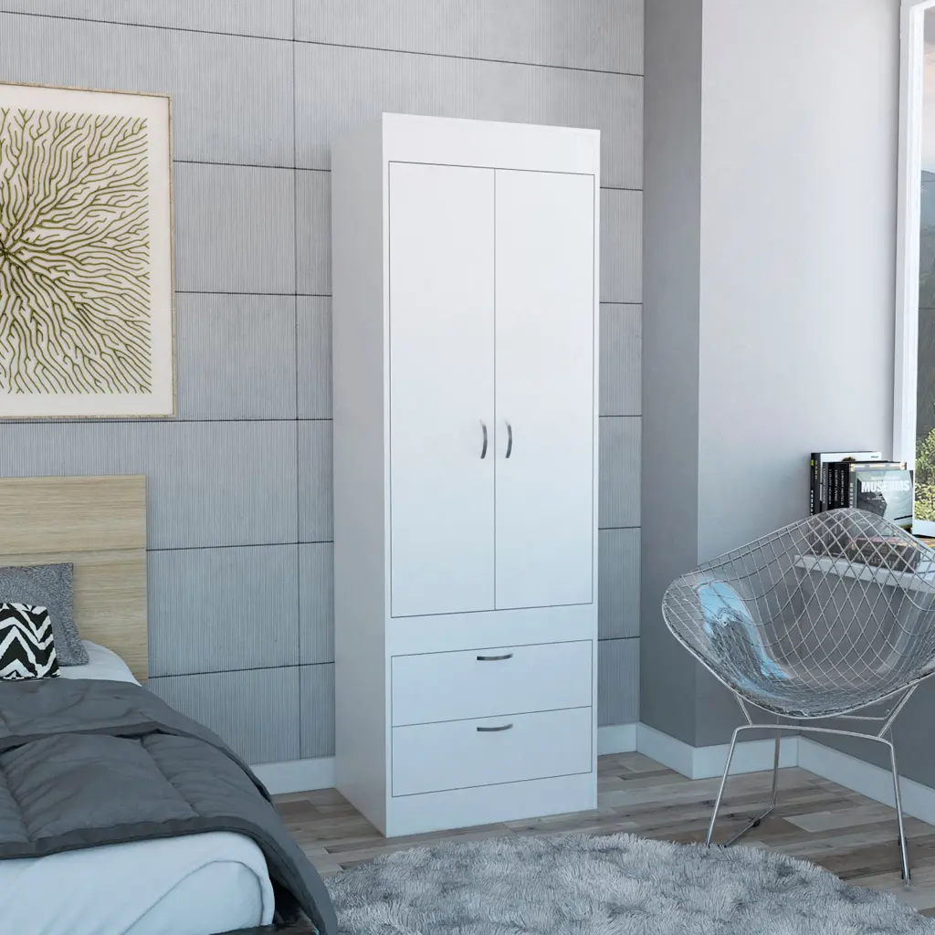 Lisboa Armoire Rod Double Door Two Drawers Metal Handles White tuhome