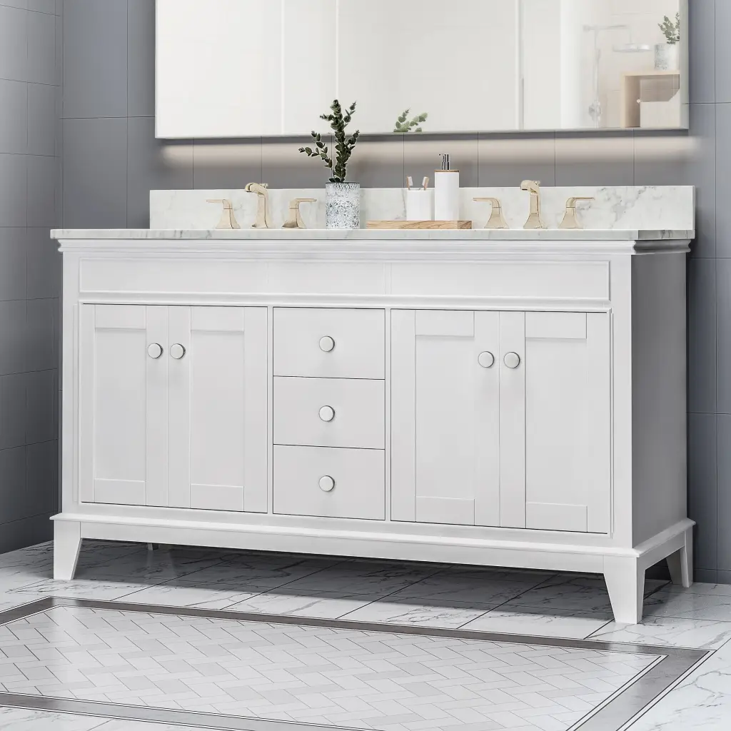 61" Bathroom Vanity Marble Top Double Ceramic Sinks 3 Drawers Modern Design nh-bo
