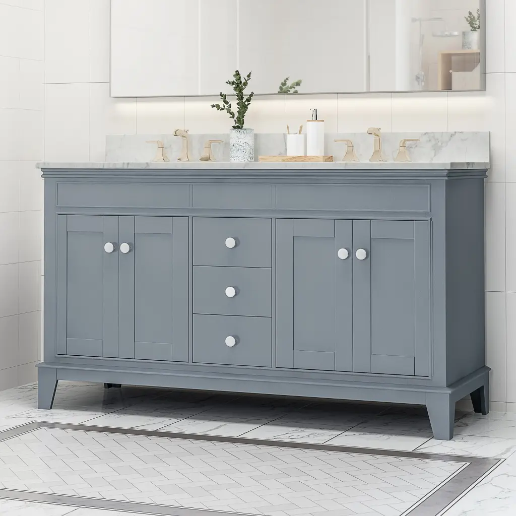 61" Bathroom Vanity Marble Top Double Ceramic Sinks 3 Drawers Modern Storage Design nh-bo