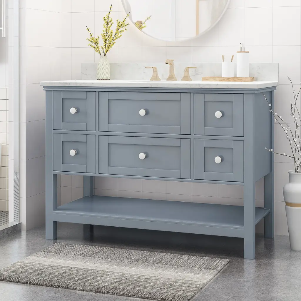 49 Inch Bathroom Vanity Marble Top & Ceramic Sink - Open Shelf 5 Drawer Storage nh-bo