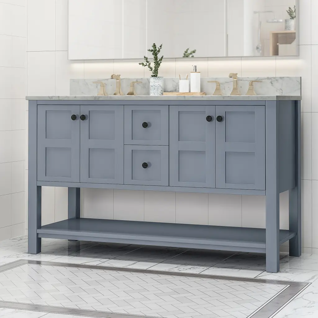 61 Inch Bathroom Vanity Marble Top and Double Ceramic Sinks 4 Doors nh-bo