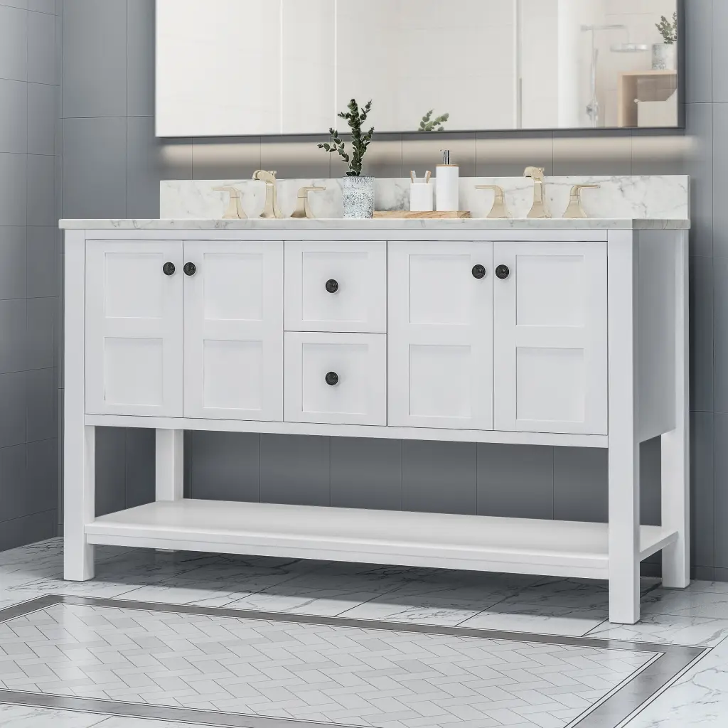 61 Inch Bathroom Vanity Marble Top and Double Ceramic Sinks 4 Doors nh-bo