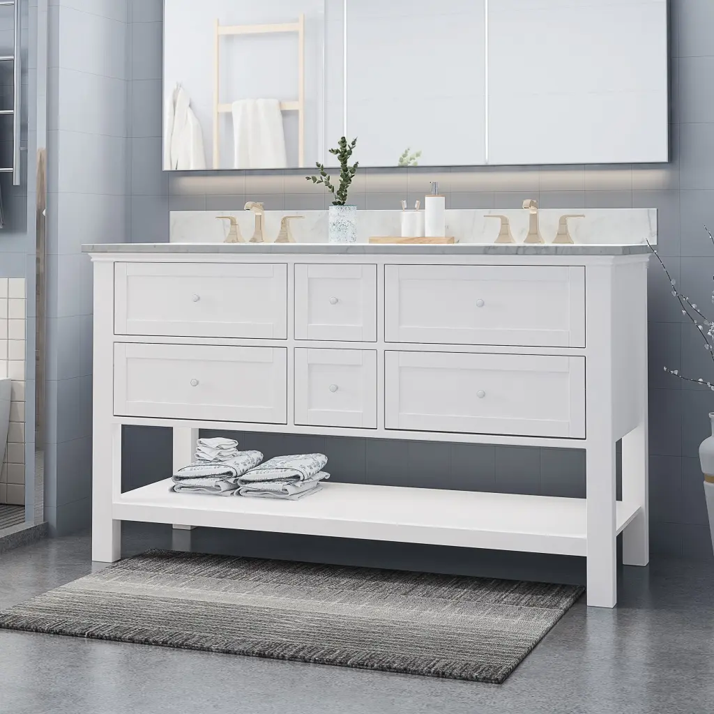 61 Inch Bathroom Vanity Marble Top Double Ceramic Sinks and 4 Drawers nh-bo