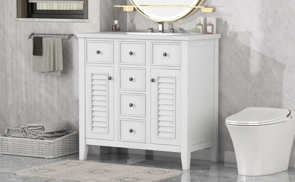 36" Bathroom Vanity Ceramic Basin Two Cabinets and Five Drawers rnb
