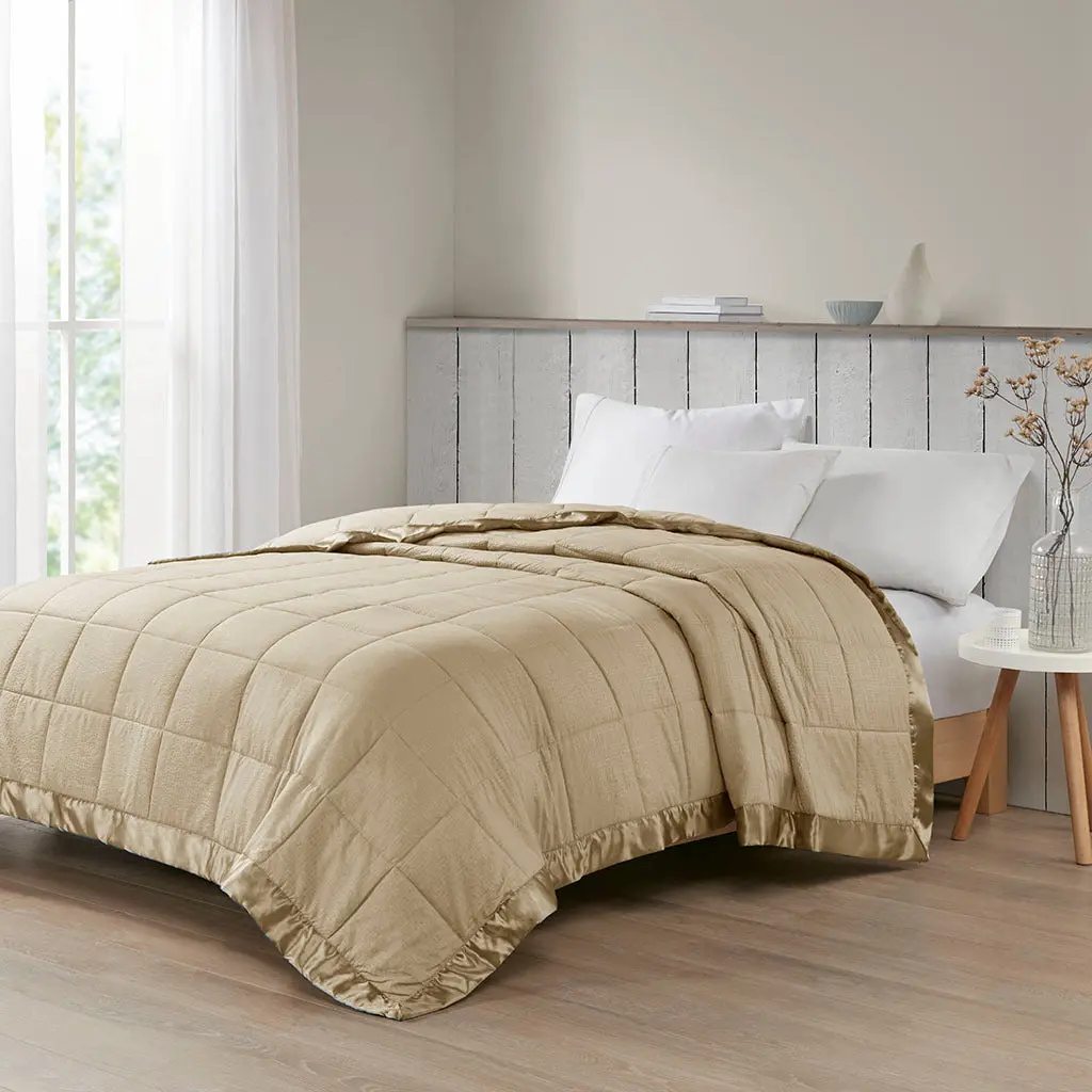 Oversized Down Alternative Blanket Satin Trim Taupe Polyester Cozy Comfort jla