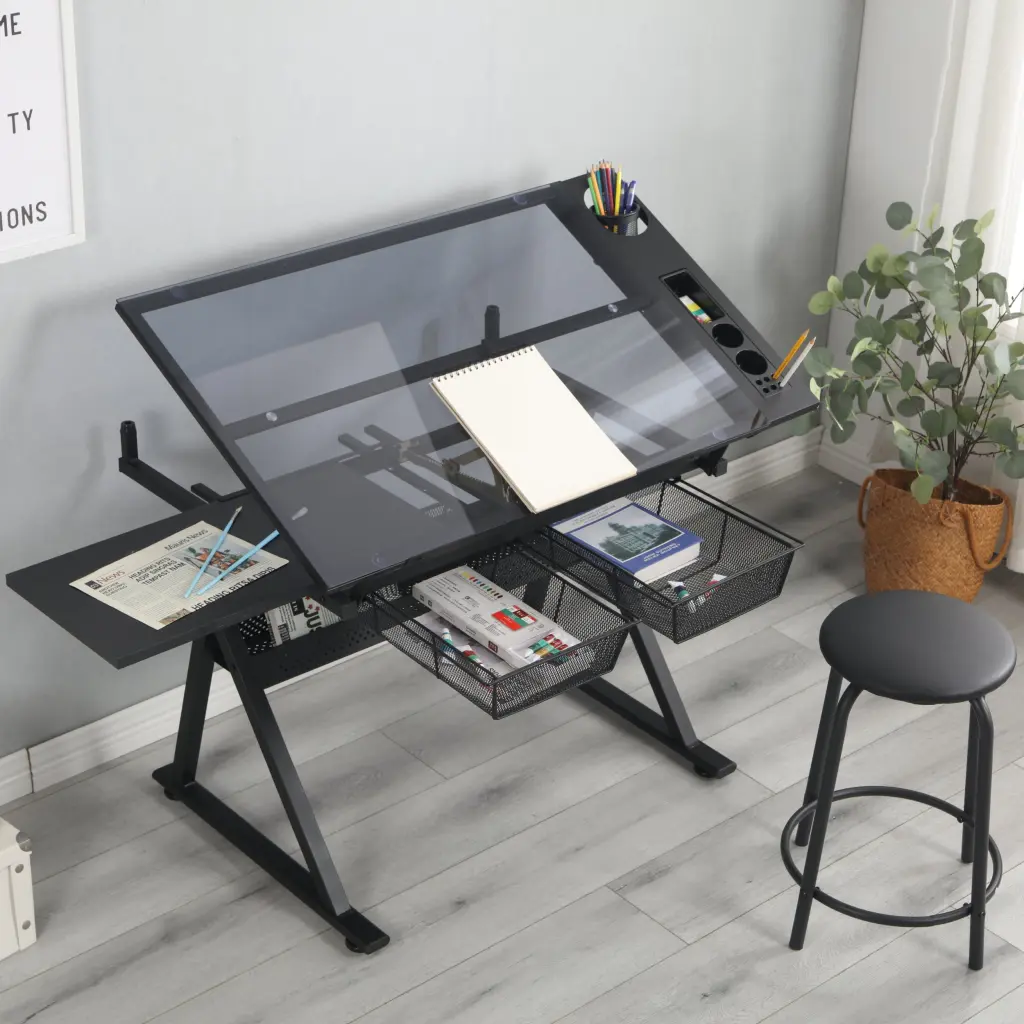 Black Adjustable Tempered Glass Drafting Printing Table Chair - Modern Office Furniture rnb