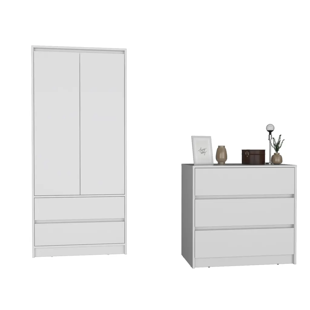 Lewes 2 Piece Bedroom Set Dresser Armoire White Particle Board Storage Furniture treevol furniture