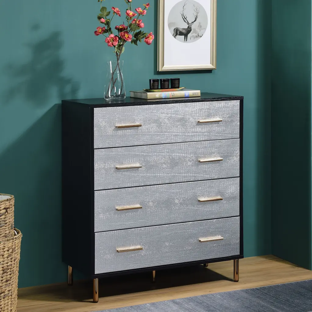 Black And Silver 4 Drawer Chest Black Gold Bedroom Wood Metal furniture max