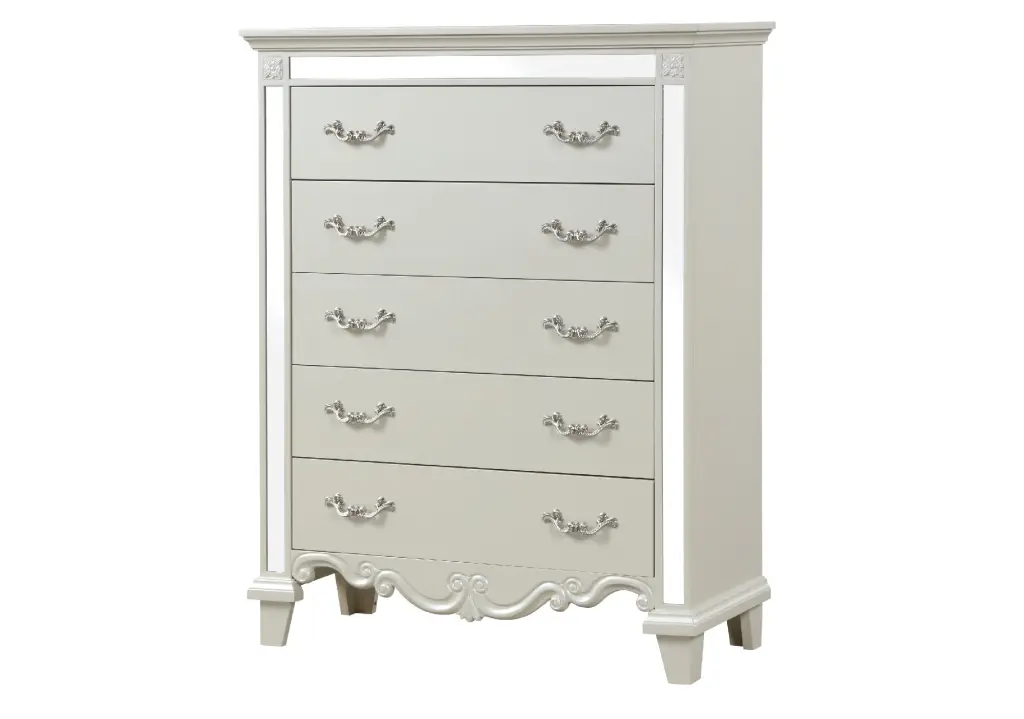 Milan Mirror Framed Chest 5 Drawer White Wooden Storage Dresser galaxy home furnishings