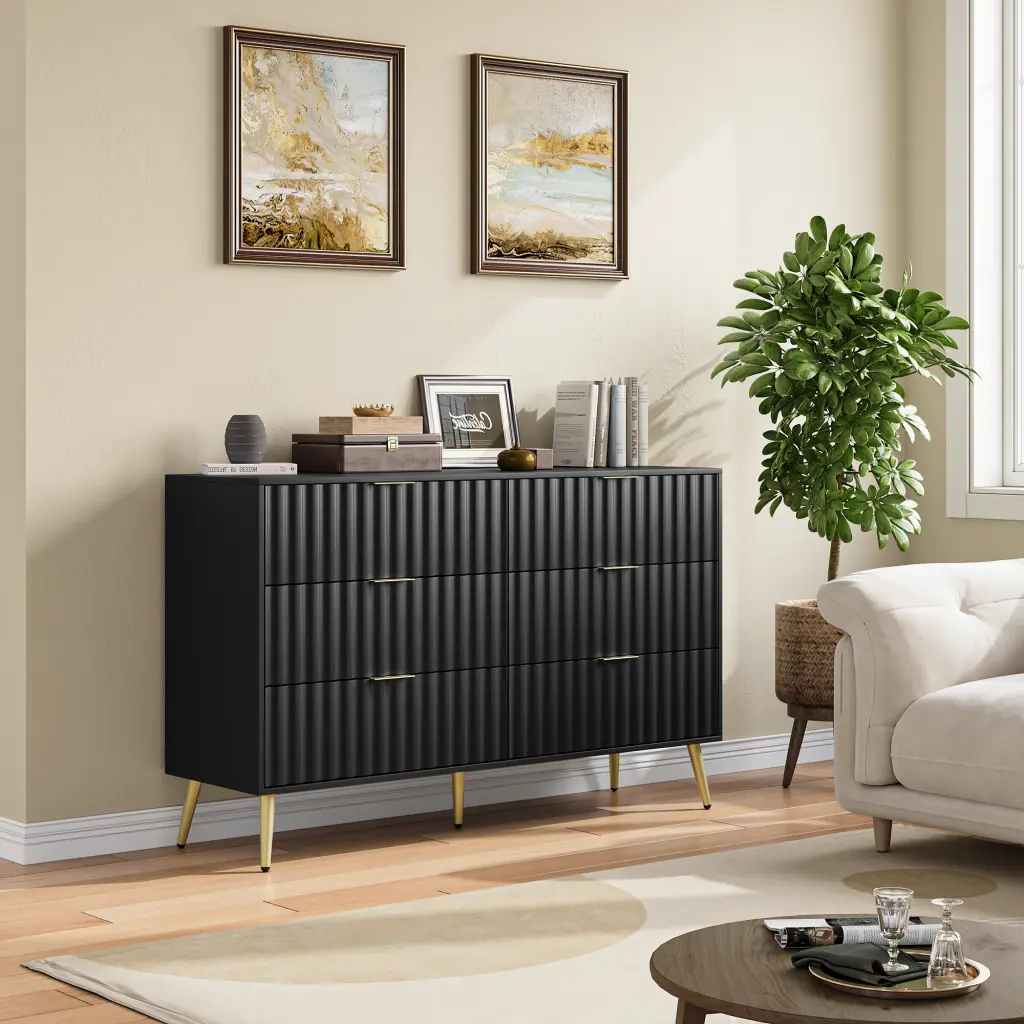 Black Modern 6 Drawers Living Room or Hallway Gold Handles zhonglei