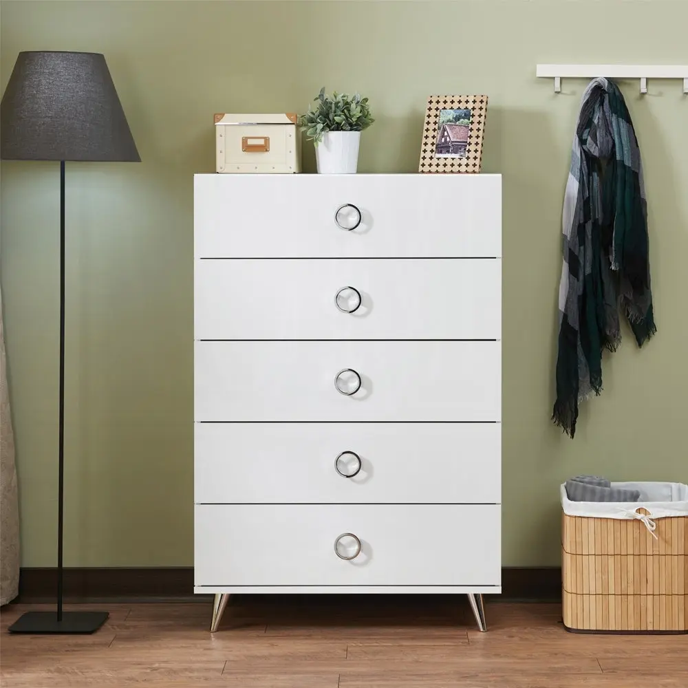 White 5 Drawer Chest Ring Pull Handles Contemporary Bedroom Furniture furniture max