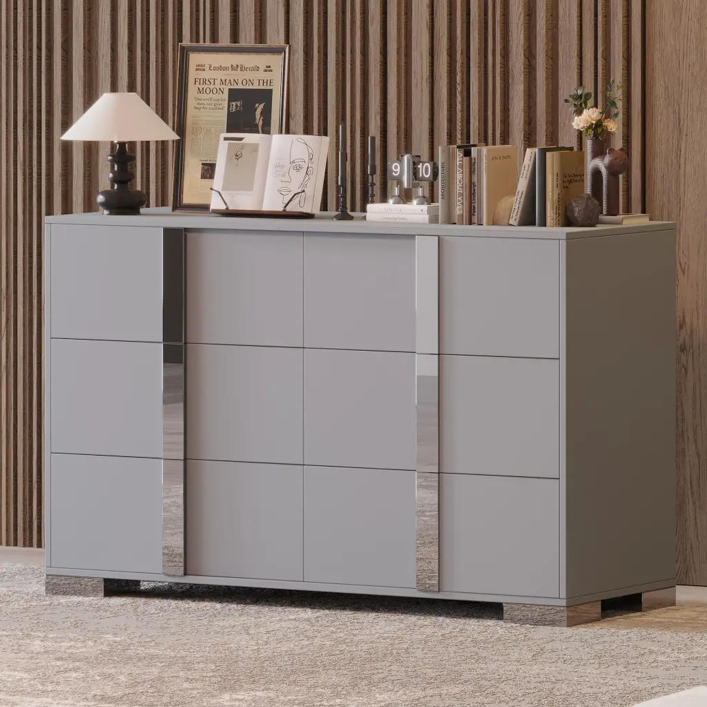 Elegant Modern Dresser Metal Handle Mirrored Storage Cabinet Bedroom Furniture homey life