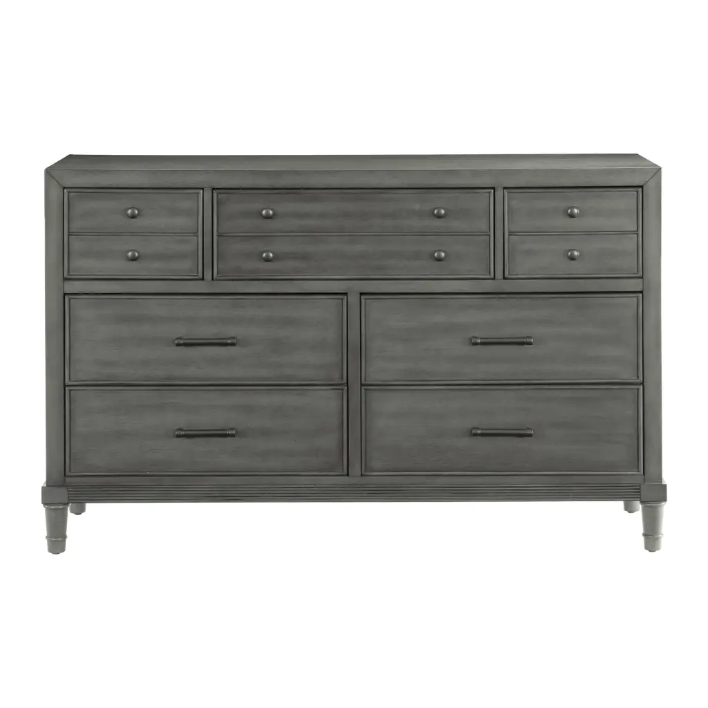 Transitional Style Gray Finish 7 Drawer Dresser Dark Bronze Handles kanepe