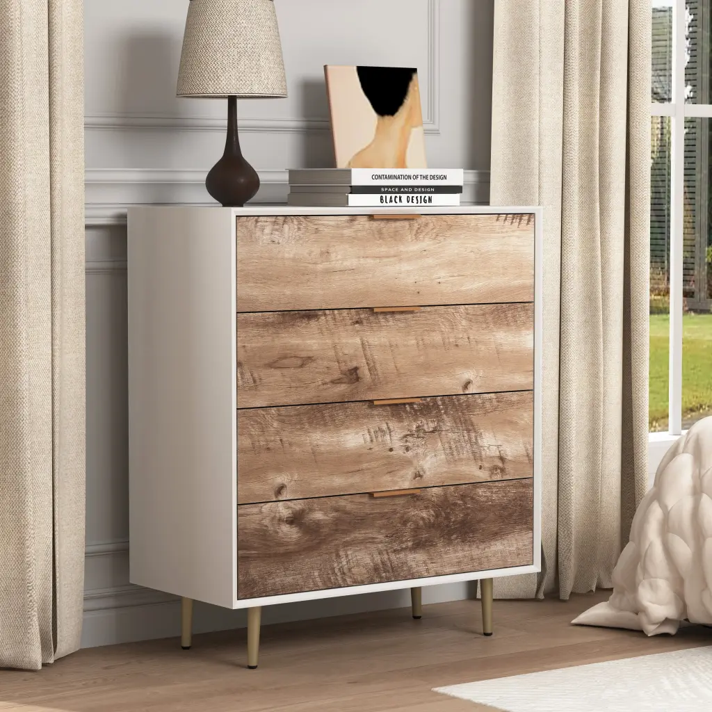 Wooden Tall 4 Drawer Dresser 4 Metal Legs Anti-Tip Design newmark