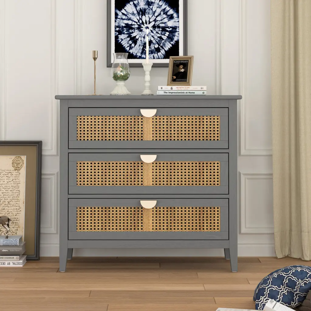 3 Drawer Natural Rattan Cabinet American Furniture Bedroom Living Room rnb