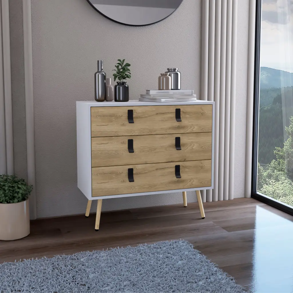 29 Inch White Dresser 3 Drawers and Wooden Legs Modern Storage rta mubles colombia