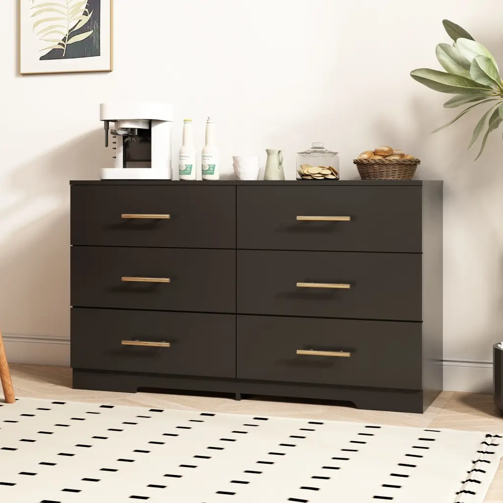 Large Black 6 Drawer Chest Drawers Golden Accents Dresser zr furniture
