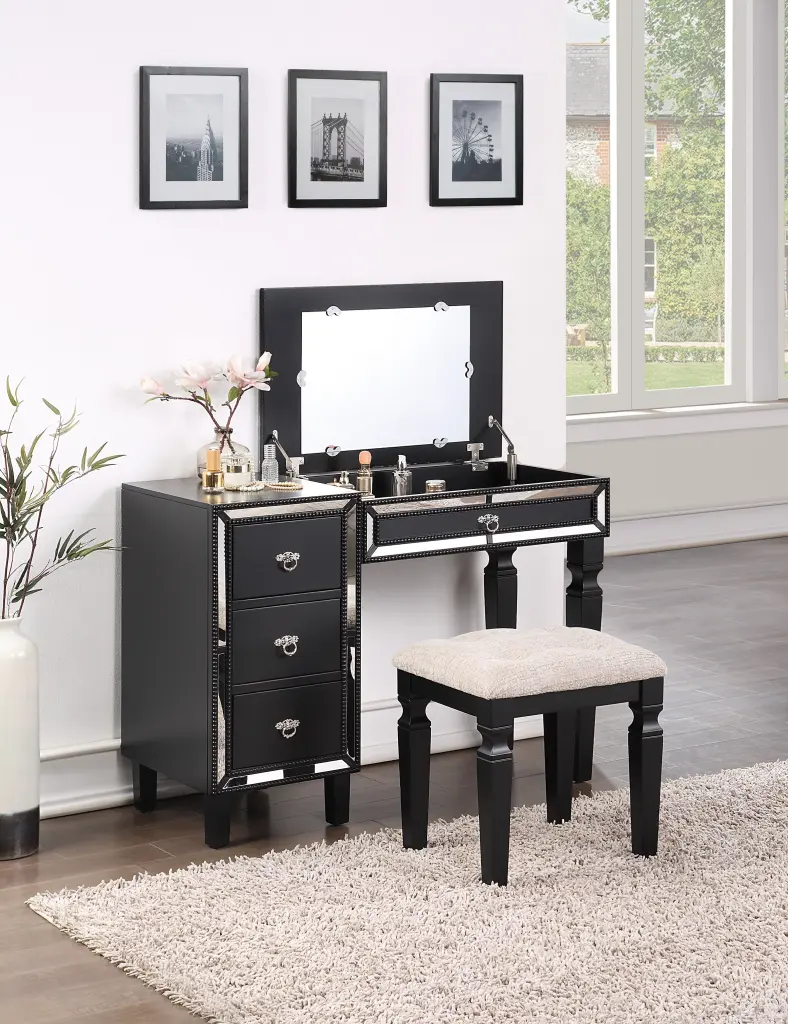 Traditional Formal Black Vanity Set Stool Storage Drawers 1 Piece kanepe