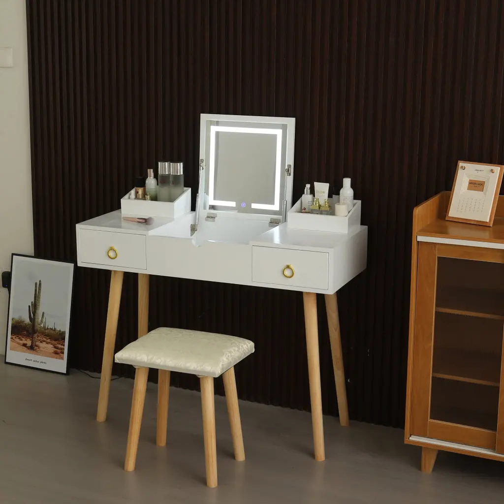 Vanity Desk Set LED Lighted Mirror and Power Outlet Flip Top Design makeup