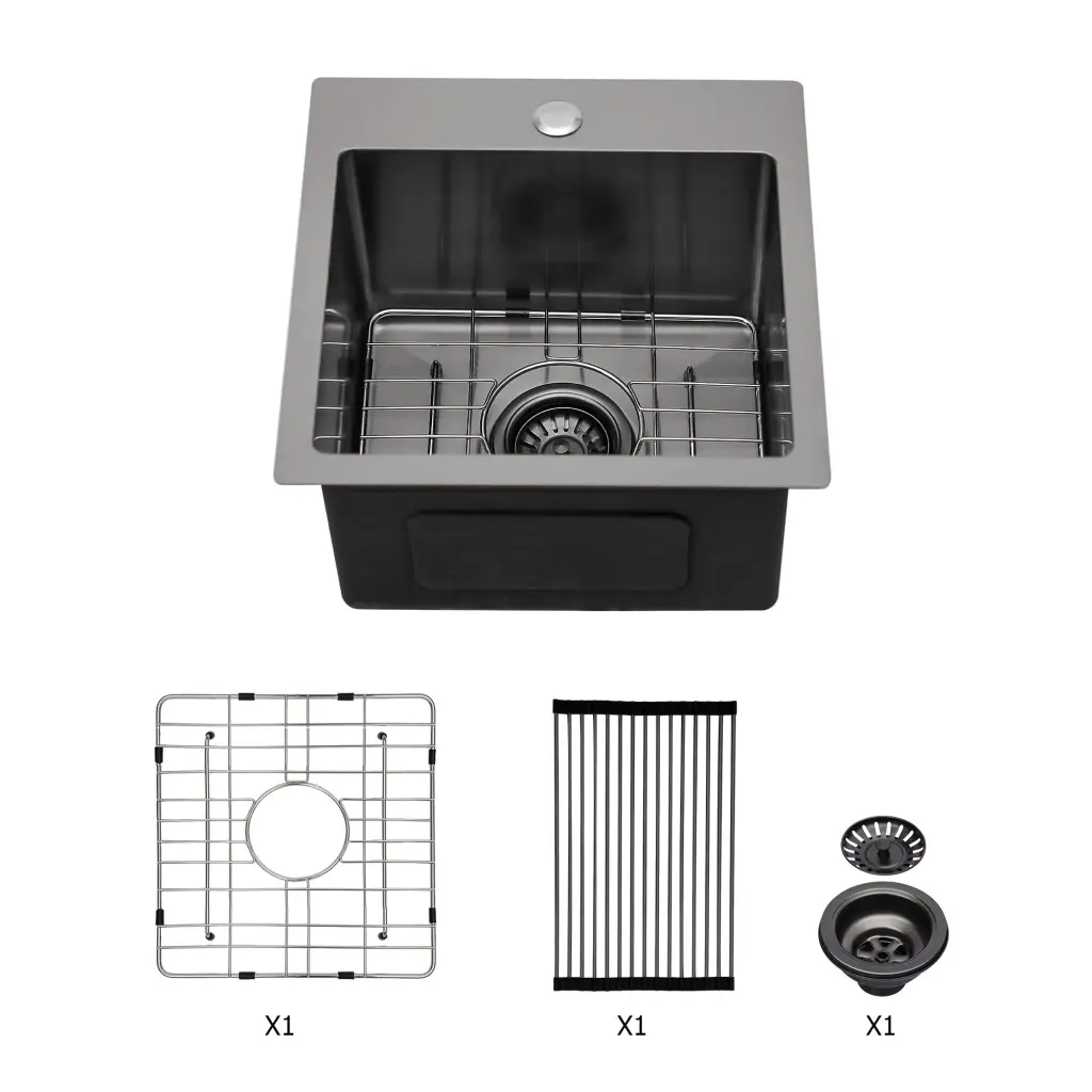 15x15x9 Inch Drop Kitchen Sink Gunmetal Black Topmount 16 Gauge Deep Sink lordear