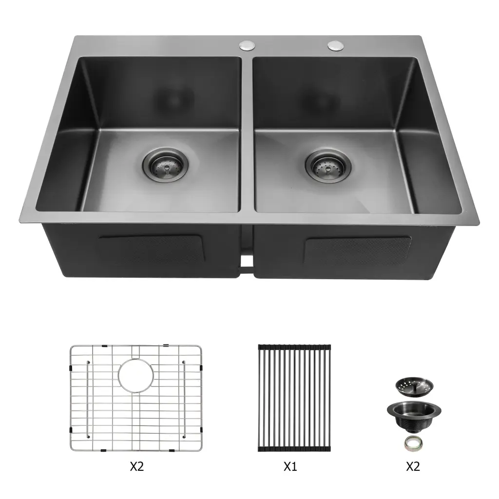33X22 Gunmetal Black Double Bowl Kitchen Sink Drop Stainless Steel lordear