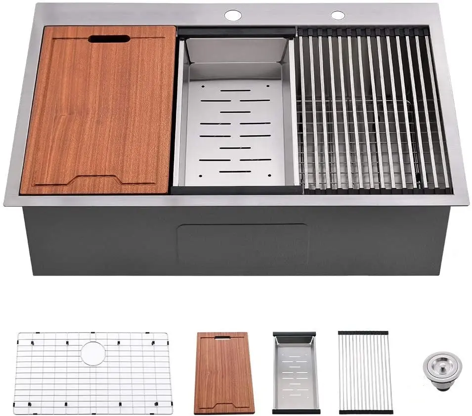 Workstation 33 Inch Drop 16 Gauge Kitchen Sink R10 Radius Stainless Steel whale