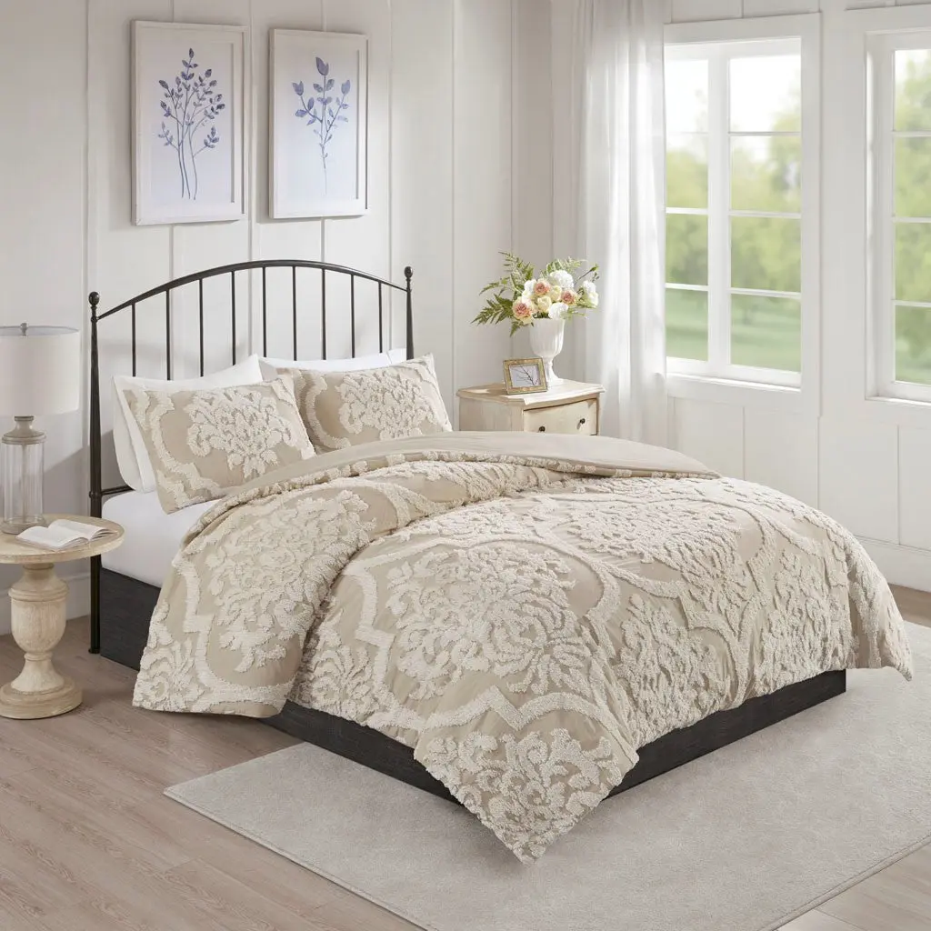 3 Piece Tufted Cotton Chenille Duvet Cover Set Queen Size Multicolor Cotton Bedding jla