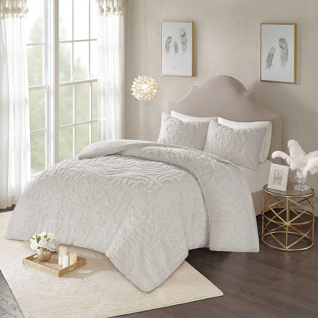 3 Piece Tufted Cotton Chenille Medallion Duvet Cover Set King Light Grey jla