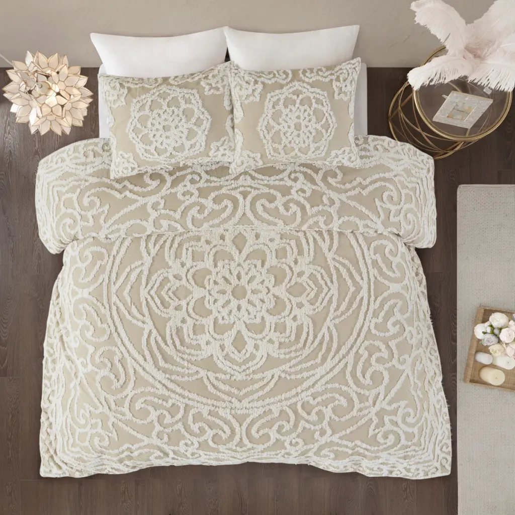3 Piece Tufted Cotton Duvet Cover Set King Size Taupe Cotton Bedding jla