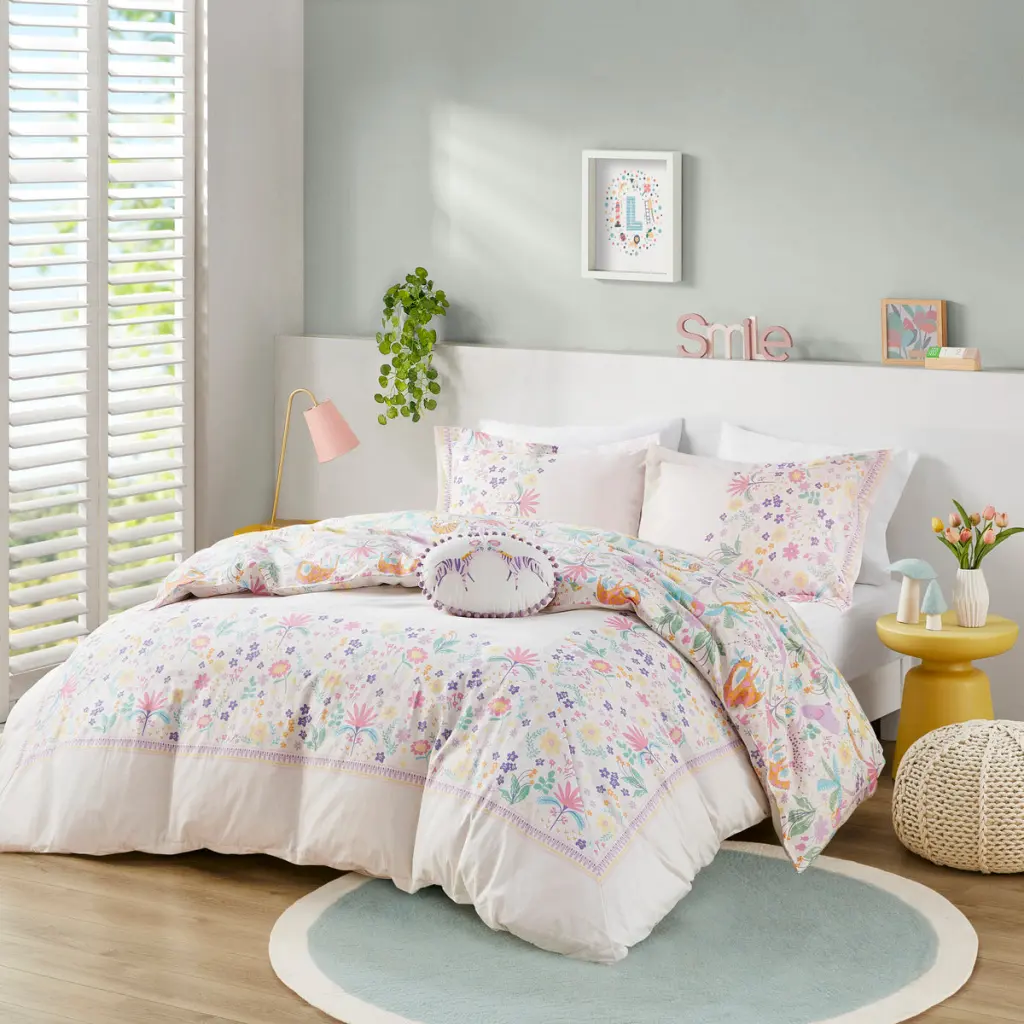 Floral Reversible Cotton Duvet Cover Set Throw Pillow Twin Multicolor jla