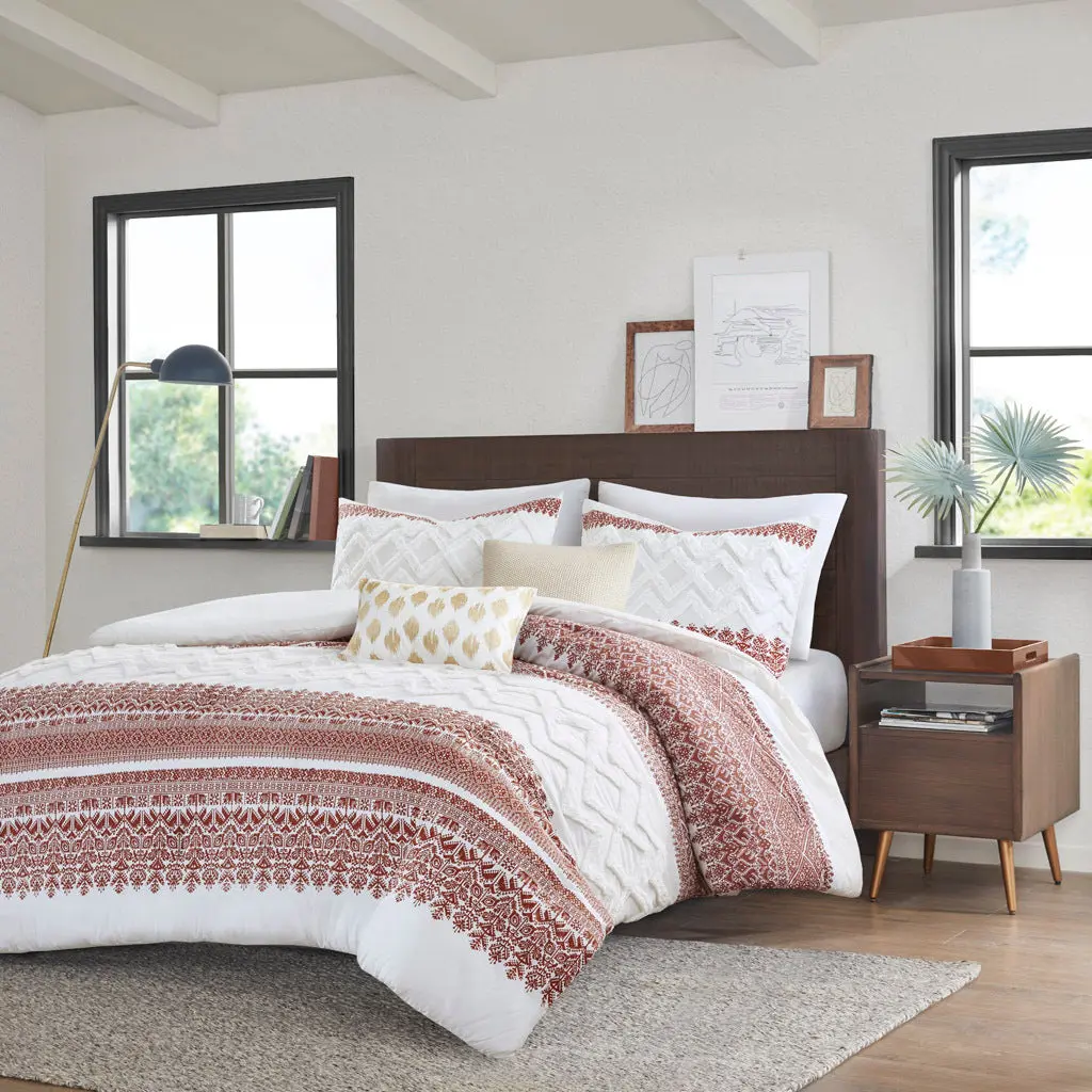 3 Piece Cotton Duvet Cover Set Chenille Tufting Auburn Cotton jla