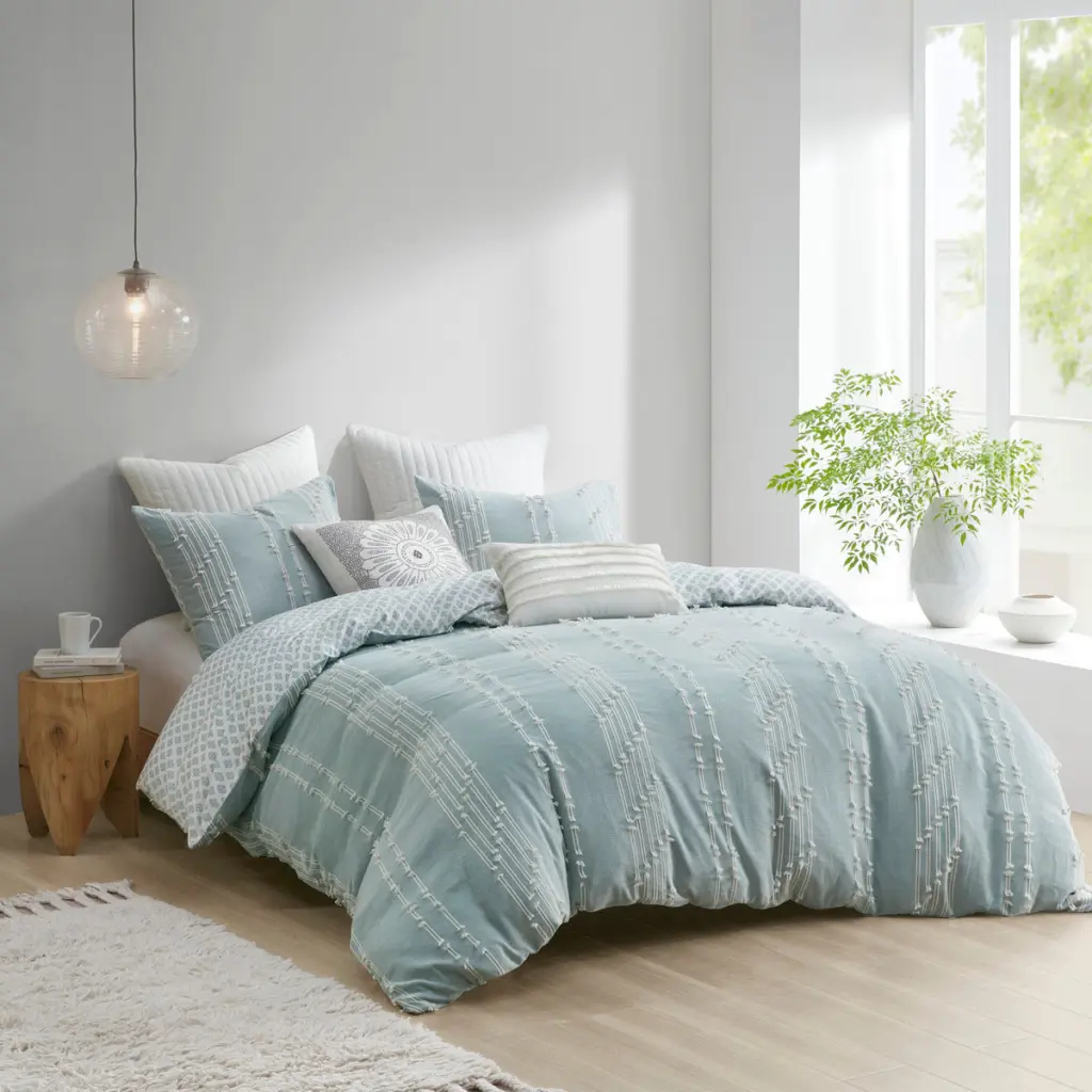 3 Piece Cotton Jacquard Duvet Cover Set Queen Size Blue Bedding jla