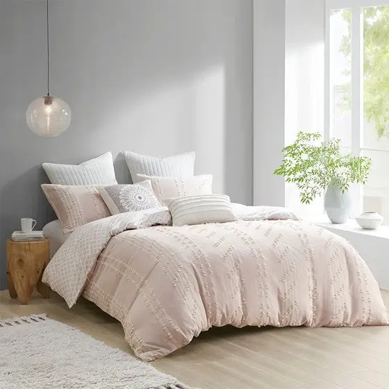 3 Piece Cotton Jacquard Duvet Cover Set Queen Size Pink Bedding jla
