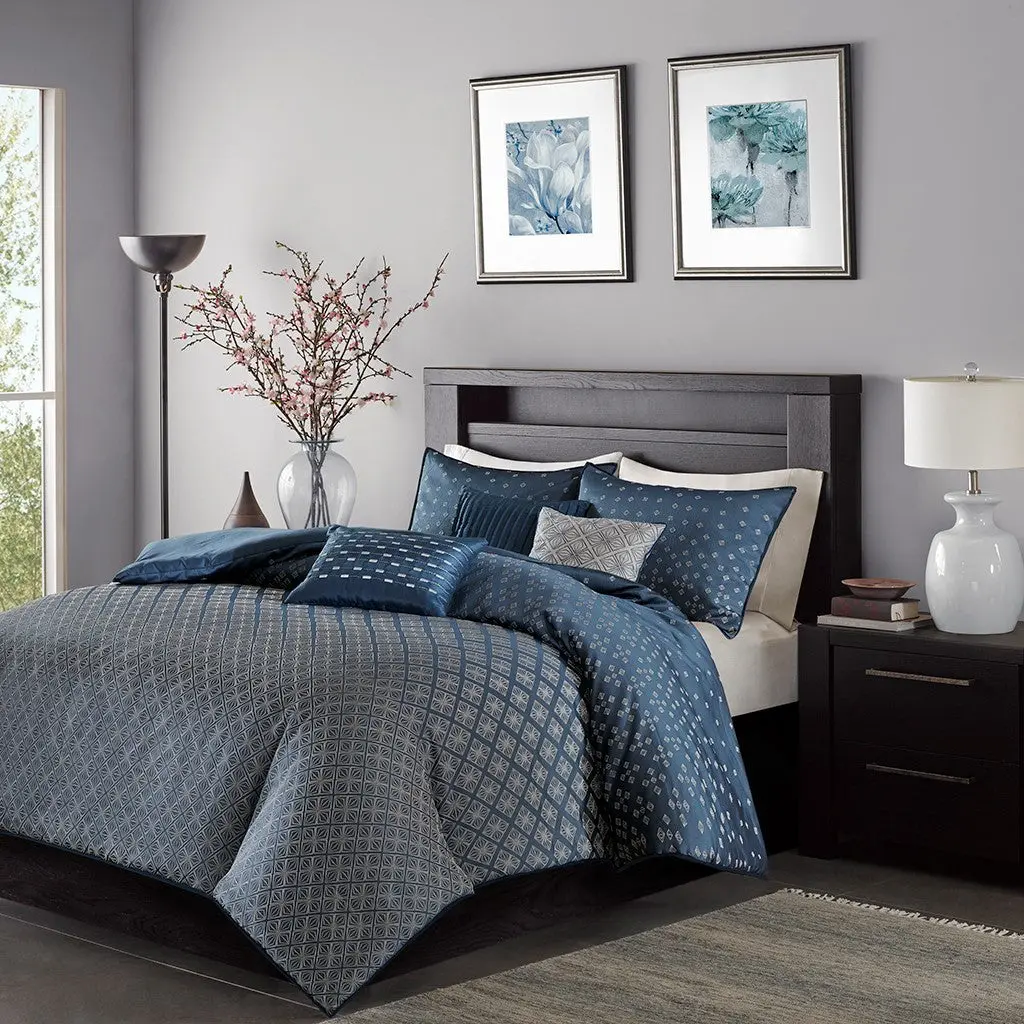 6 Piece Duvet Cover Set Queen Navy Polyester Luxury Bedding jla