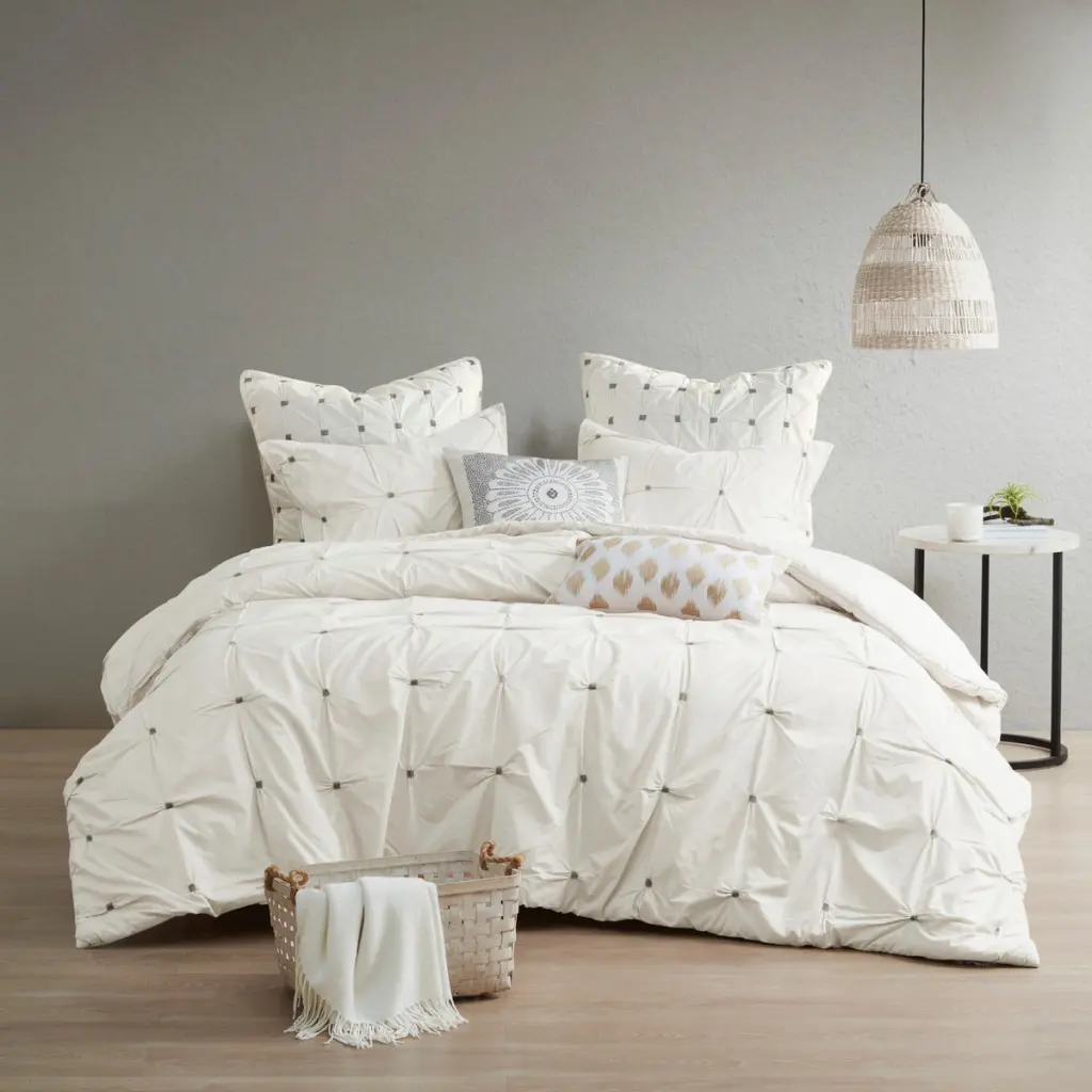 3 Piece Elastic Embroidered Cotton Duvet Cover Set King Size White Cotton Bedding jla