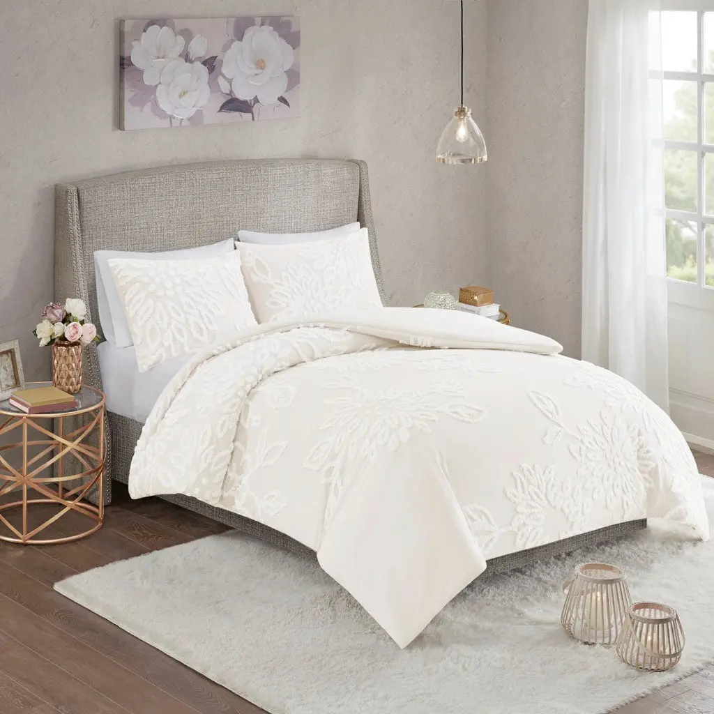 3 Piece Tufted Cotton Chenille Floral Duvet Cover Set King Size Off White jla