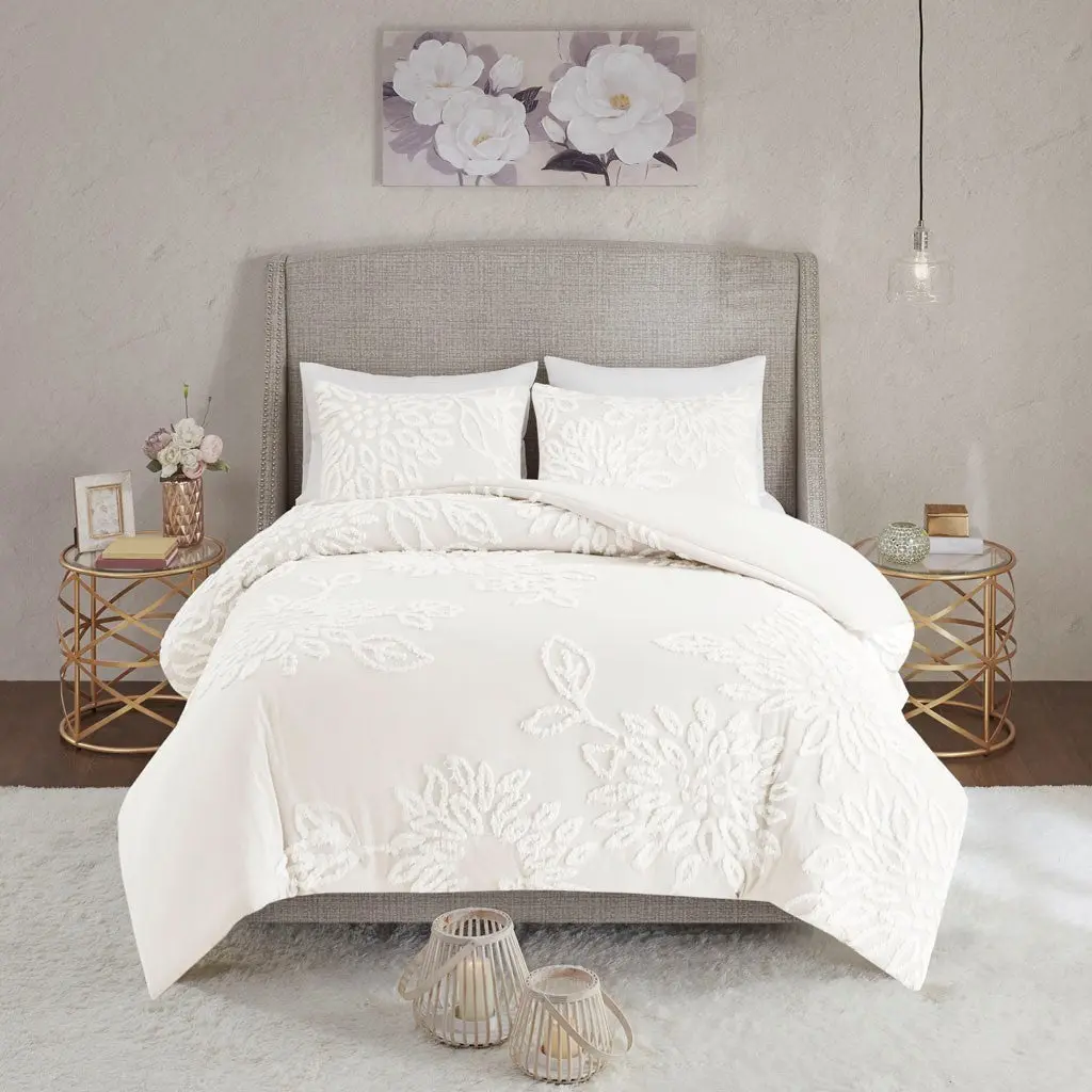 3 Piece Tufted Cotton Chenille Floral Duvet Cover Set Queen Off White jla